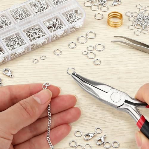 1200 Pcs Open Jump Rings, Jump Rings for Jewelry Making, Necklace Keychain Repair Kit with Making Tools Tweezer, Plier, Lobster Claw Clasps, Open Rings for DIY Crafts Keychains (Sliver) - color: Sliver
