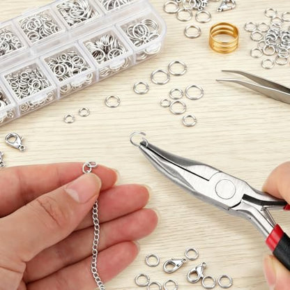 1200 Pcs Open Jump Rings, Jump Rings for Jewelry Making, Necklace Keychain Repair Kit with Making Tools Tweezer, Plier, Lobster Claw Clasps, Open Rings for DIY Crafts Keychains (Sliver) - color: Sliver