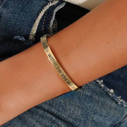Inspirational Christian Bracelet for Women, Oval Engraved Bible Verse Love Bangle Cuff, Faith Scripture Jewelry, Religious Encouragement Gift for Mom Daughter Sister Friend - color: God is within her she will not fall-Oval Bangle Gold