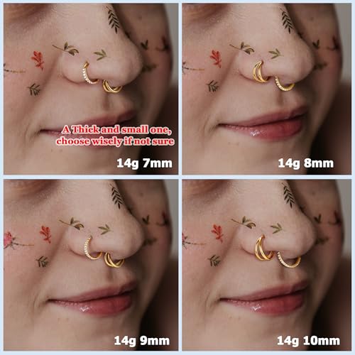 BodyBonita 3pcs Nose Rings Hoops - Double Hoop Nose Ring 14/16/18/20G Hinged CZ Piercing Jewelry Septum Clicker Rings Cartilage Earring Helix Rook Tragus Daith 7mm/8mm/9mm/10mm - color: 14K Gold Plated, size: 14 gauge-7mm