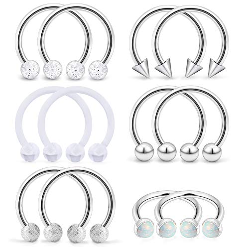 SCERRING 6 Pairs 16G Stainless Steel Horseshoe Septum Ring Nose Rings Hoop Helix Daith Cartilage Tragus Earrings Lip Body Piercing Jewelry Opal 8mm 10mm - color: 8mm - Silver