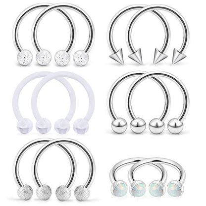 SCERRING 6 Pairs 16G Stainless Steel Horseshoe Septum Ring Nose Rings Hoop Helix Daith Cartilage Tragus Earrings Lip Body Piercing Jewelry Opal 8mm 10mm - color: 8mm - Silver