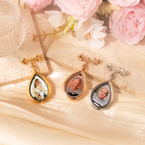 Personalized Photo Wedding Bouquet Charm, Double Sided Round Glass Photo Locket Pendant Pin Brooch, Handmade Memorial Picture Frame Bridal Shower Gift For Bride & Groom - color: Teardrop - Gold