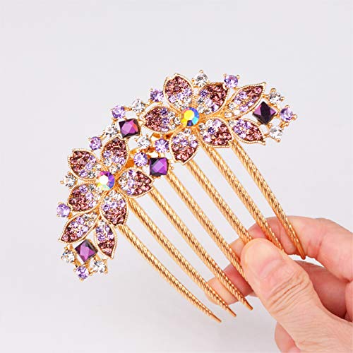 Women Rhinestone Inlaid Flower Hair Comb Hairpin Barrette Accessory,Also Perfect Mother's Day Gifts for Mom (Purple) - color: Purple
