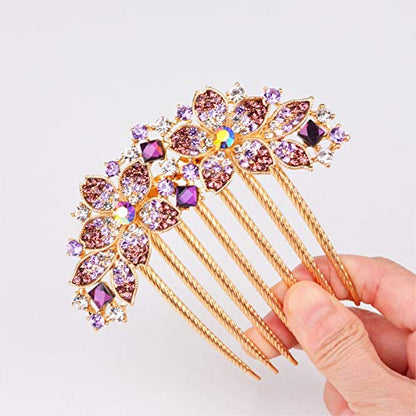 Women Rhinestone Inlaid Flower Hair Comb Hairpin Barrette Accessory,Also Perfect Mother's Day Gifts for Mom (Purple) - color: Purple
