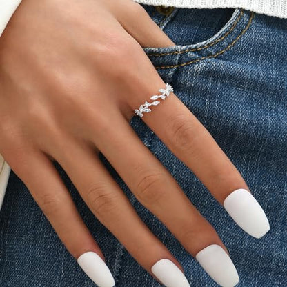 Gold Rings Non Tarnish Silver Adjustable Rings for Women Cubic Zirconia Leaf Ring Dainty Silver Stackable Ring for Women - style: silver