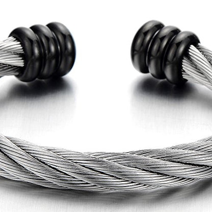 COOLSTEELANDBEYOND Large Elastic Adjustable Steel Twisted Wire Cuff Bangle Bracelet for Men Women - color: E-Metal Color: Silver & Black