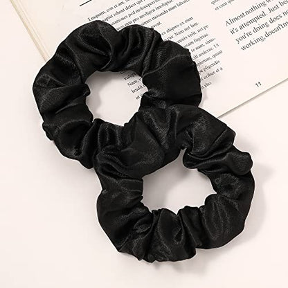 Ivyu Black Silk Satin Scrunchies - Pack of 6, 8 Pieces (2 Free) - Hair Elastics Bands - Ponytail Holder - Women & Girls - color: Dark Black
