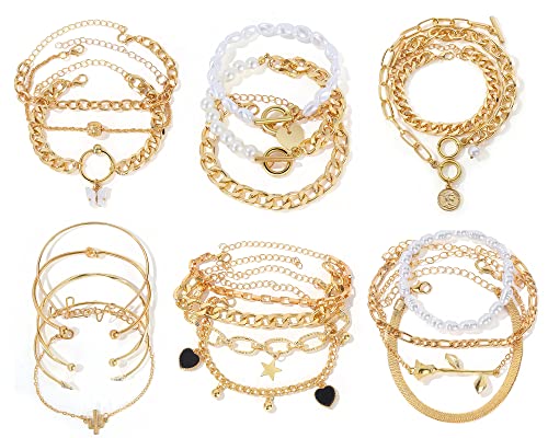 IFKM 6 PACK (24 PCS) Boho Gold Chain Bracelets Set for Women, 14K Gold Plated Multiple Layered Stackable Open Cuff Wrap Bangle Adjustable Link Italian Cuban Jewelry for Women Gift - style: 22PCS GOLD BRACELET