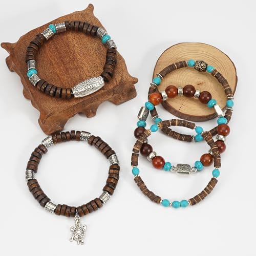 Boho Wooden Beads Bracelets Bohemian Bracelet Stack for Men Women Wood Beaded Bracelet Set - color: B