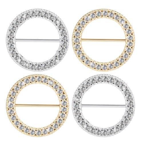 4 PCS Scarf Ring, Rhinestones Scarf Clip Shirt Ties Clips for Women Portable Waist Cinch Buckle Waist Tightener Clip Clothing Accessories for Shawl, Sweater, Dress, Pant (Gold, Silver)