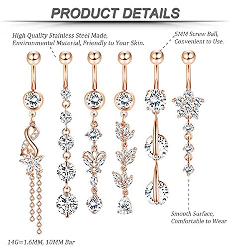 3-6PCS 14G 316L Stainless Steel Belly Button Rings for Women Navel Rings Barbell Dangle Flower CZ Body Piercing - color: E: 6 Pcs Rose-tone