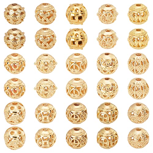PH PandaHall 18K Gold Plated 8mm Round Spacer Beads 30pcs Hollow Loose Bead | 15 Styles, Tibetan Style, Alloy Ball Charm, for Bracelet Earring Necklace Jewelry Making,1.5~2mm Hole - size: 8mm