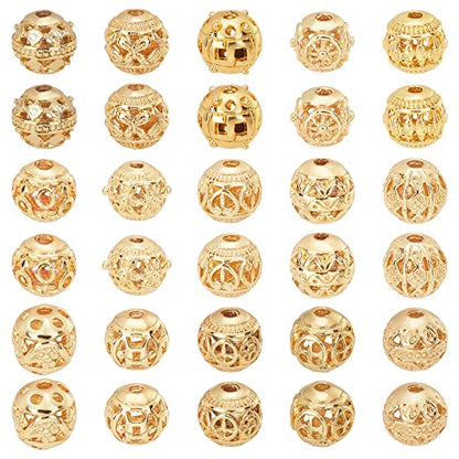 PH PandaHall 18K Gold Plated 8mm Round Spacer Beads 30pcs Hollow Loose Bead | 15 Styles, Tibetan Style, Alloy Ball Charm, for Bracelet Earring Necklace Jewelry Making,1.5~2mm Hole - size: 8mm