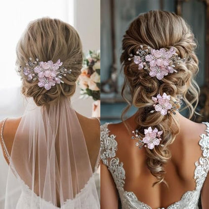 3 PCS Large Flower Bridal Wedding Hair Pins Crystal Pearl Hair Clips Headpiece Bride Hair Accessories Jewelry with Rhinestone, Glitter Emboss Pink Flower - color: Glitter Emboss Pink Flower