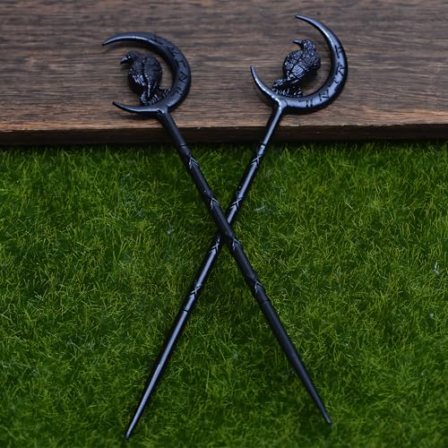 2PCS Viking Raven Hair Sticks – Gothic Moon Hair Pins for Women | Black Gothic Hair Accessories with Raven Moon Design for Buns, Updos, Renaissance Festival, Halloween & Cosplay - color: RLMN