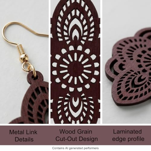 Boho Black Filigree Dangle Earrings for Women, Lightweight Hollow Lace Drop, Wood, 3.34" x 1.69", Bohemian Jewelry - color: Dark Winered