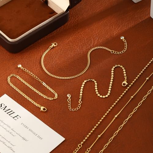 MFRYK Gold/Silver Bracelets For Women,Trendy 14k Gold/Silver Plated lightweight Dainty Chunky Thin Cuban Link Paperclip Chain Tennis Bangle Bracelets Stack Set,Ring Hand Chain Bracelet,Gold Jewelry Gift For Women Fashion Accessories - style: 6Pcs thin cub