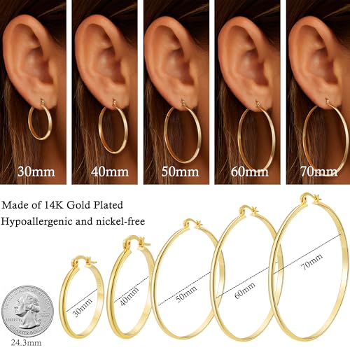 Apsvo Hoop Earrings for Women, 5mm Wide 14K Gold Plated/Silver Hoop Earring Hypoallergenic 925 Sterling Silver Earrings Lightweight Large Earrings for Women - color: 3mmWide-60mmGold