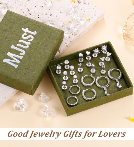 MJust 18 Pairs Earrings Set – Flat Back Stud Hypoallergenic 20G Steel stud | 18 Pairs Flat Back Earrings Set – Hypoallergenic 316L Steel Studs for Cartilage & Lobe Piercings - color: Silvery-11P