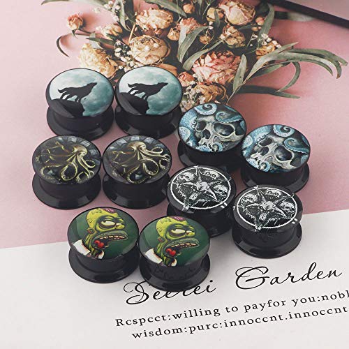 TIANCI FBYJS 5 Pairs Skull Acrylic Ear Gauges Plugs and Tunnels Ear Stretcher Expander Double Flared Screw Plug Piecing - style: 4mm=4g