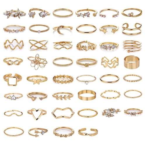 42-Piece Gold Tone Stackable Ring Set for Women, Boho Minimalist Stacking Rings with Crystal & Heart Accents, Adjustable Open Band Jewelry for Daily Wear - style: TZJ-003352-01