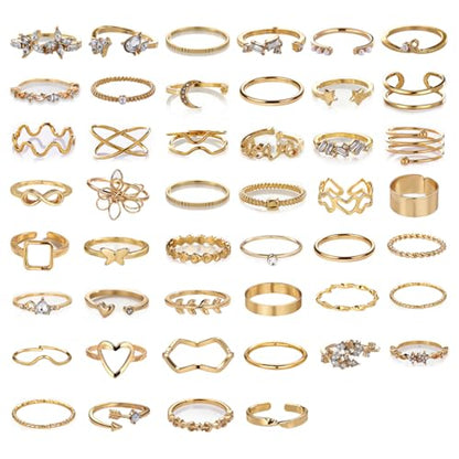 42-Piece Gold Tone Stackable Ring Set for Women, Boho Minimalist Stacking Rings with Crystal & Heart Accents, Adjustable Open Band Jewelry for Daily Wear - style: TZJ-003352-01