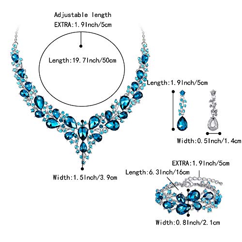 Wedding Bridal Jewelry Set for Women Bride Bridesmaids | Gorgeous Austrian Crystal Teardrop Cluster Statement Necklace Dangle Earrings Link Bracelet Set Prom Jewellery - color: 12-Sky Blue Silver-Tone