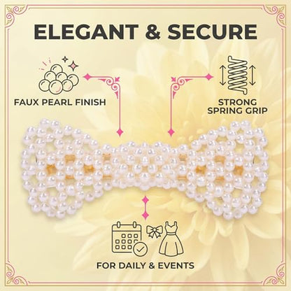 Hair Clips for Women, Faux Pearl Bow Barrette with Metal Spring Grip, 1 Piece Bowknot Style for Daily Wear, Work Events, and Photo Outfits