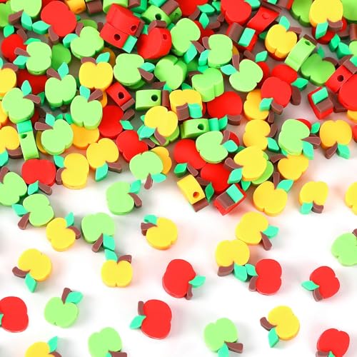300Pcs Apple Shaped Clay Beads Back to School Jewelry Craft Kit | Polymer Clay,First Day of School Beads,Mini Apple Jewelry Making, DIY Bracelets Earring Bulk - color: Red Green Yellow