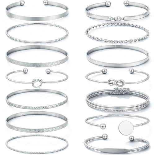 FAXHION Gold Bangle Bracelets for Women, 14 Pcs Multi Layer Stackable Bangle Set, 14K Gold Plated Textured Chunky Bracelets Boho Jewelrys Set - style: Silver A-14 pcs