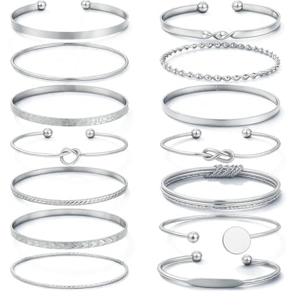 FAXHION Gold Bangle Bracelets for Women, 14 Pcs Multi Layer Stackable Bangle Set, 14K Gold Plated Textured Chunky Bracelets Boho Jewelrys Set - style: Silver A-14 pcs