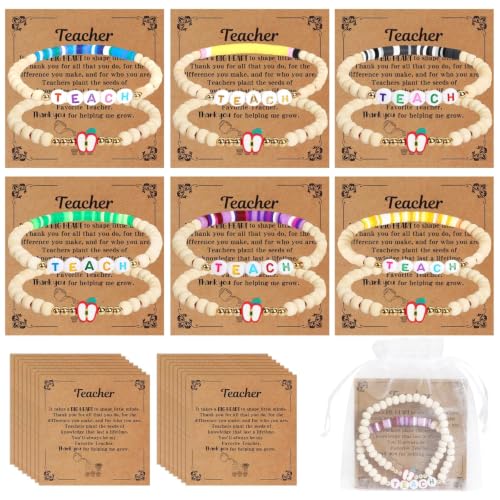 Teacher Appreciation Bracelets Gifts 6 Sets Wooden Beaded Stretch Bracelet | with Thank You Cards, for End of The Year Teachers Gifts Christmas Graduation New Year