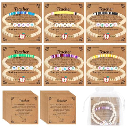 Teacher Appreciation Bracelets Gifts 6 Sets Wooden Beaded Stretch Bracelet | with Thank You Cards, for End of The Year Teachers Gifts Christmas Graduation New Year