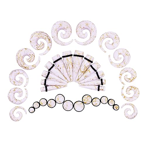Qmcandy 00G-20mm Ear Stretching Kit 36PCS Big Gauge Taper Kit Large Acrylic Tunnel Plug Spiral Set - color: 36pcs Gloden Line, White