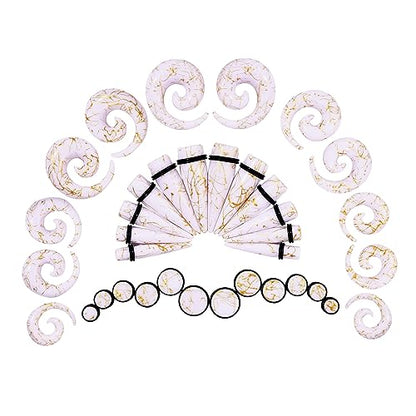 Qmcandy 00G-20mm Ear Stretching Kit 36PCS Big Gauge Taper Kit Large Acrylic Tunnel Plug Spiral Set - color: 36pcs Gloden Line, White
