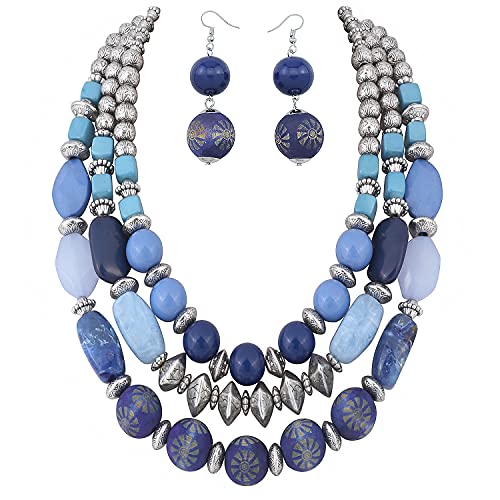 Bocar 3 Layer Chunky Statement Beaded Necklace and Earrings Set, Fashion Multi Layer Women Collar Necklace Jewelry Set - color: True Navy
