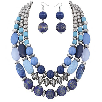 Bocar 3 Layer Chunky Statement Beaded Necklace and Earrings Set, Fashion Multi Layer Women Collar Necklace Jewelry Set - color: True Navy
