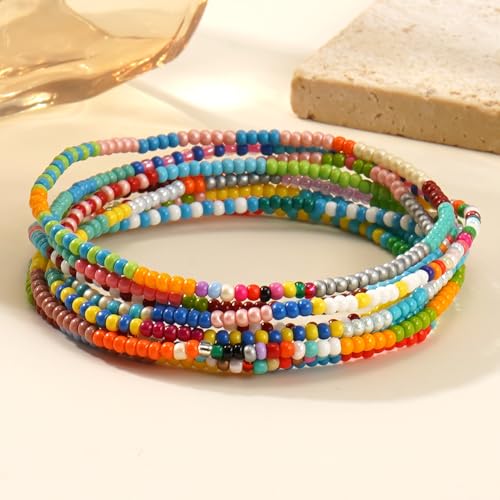 Gold Seed Beaded Stack Bracelets for Women,Handmade Stackable Stretch Colorful Ball Fall Jewelry Friendship Accessories Gift - color: rainbow