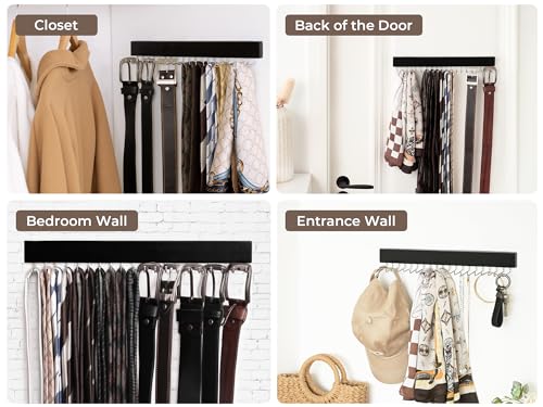 StorageWorks Tie Rack with 20 Hooks, 2 Set Wall Mounted Wood Hanger, Black | Sturdy Black Tie Rack Hanger with 180° Swivel Hooks, Wall-Mounted Space Saver for Ties, Belts, Scarves in Closet - color: Black (With 20 Hooks)