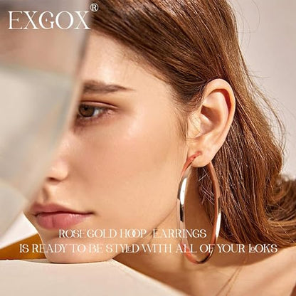 EXGOX 5mm Wide Gold Hoop Earrings for Women,Sterling Silver Hoop Earrings Large Silver Hoop Earrings Hypoallergenic Lightweight 14K Real Gold Plated Big Hoop Earrings for Women 30/40/50/60/70mm - color: Rose color 60MM
