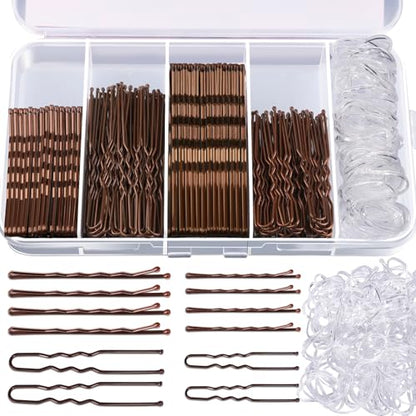 Teenitor 300pcs Bobby Pins Hair Pins Kit, 100 Hair Pin for Women 100 Bobby Pins Brown and 100 Hair Bands, Hair Pins for Buns 2inch 2.36inch 2.75inch - color: Brown