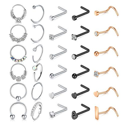 Mayhoop 20g Nose Rings Hoops And Studs For Women Men - Hypoallergenic 316L Surgical Stainless Steel L Shape Nose Screw Bone Silver Rose Gold Black Rainbow Pack 28Pcs - color: Style A(Silver+Rose gold+Black)