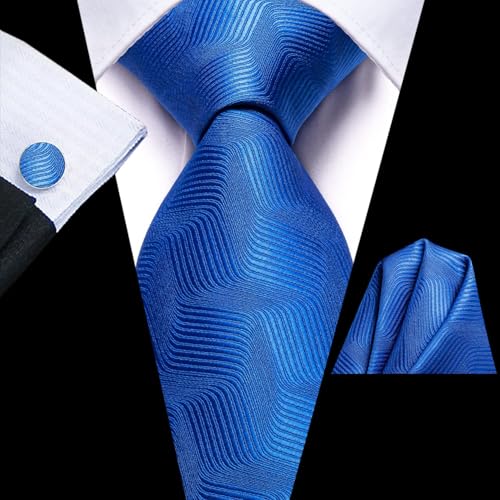 Dubulle Mens Paisley Striped Tie Woven Necktie for Men and Handkerchief Cufflinks Set Wedding Formal Business - color: Blue Royal Blue