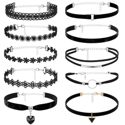 10Pcs Black Choker Necklaces Black Velvet Choker Set for Women | Adjustable Layered Velvet Chokers, Lace Chokers, Necklace Accessories