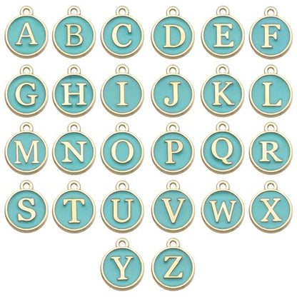A-Z Letter Charms Round Enamel Alphabet Initial Pendant for Jewelry Making,Double-Side for Necklace Bracelet Earring DIY Craft - color: 1 set(26pcs)-Light Green