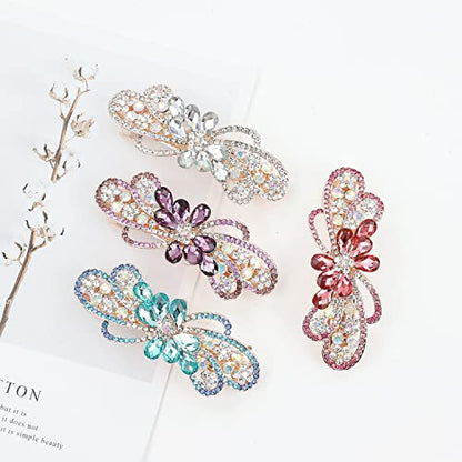 inSowni 4 Pack Luxury Glitter Sparkly Jeweled Gems Crystal Rhinestone Flower Metal French Barrettes Snap Alligator Hair Clips Headpieces Accessories for Women Girls - color: 4pcs Set E