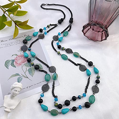 Bocar Long Necklaces for Women Trendy, Boho Layered Crystal Beaded Collar Necklaces for Women, Fashion Statement Necklaces Jewelry - color: Blue green