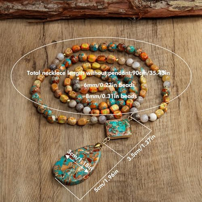 Yomisa Long Necklaces for Women Trendy, 33/34/35 inch | Boho Beaded Necklaces for Women, Natural Stone Pendant, Handmade Knotted Bead, Bohemian Holiday Summer Western Charm Jewelry - color: 35inch-Orange&Blue