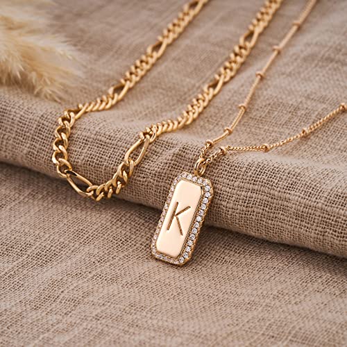 Gold Initial Necklace for Women 14K Gold Plated Figaro Chain Choker Layered Necklaces Set Bar Rectangle Pendant Necklaces Simple Dainty Letter Necklace Everyday Gold Jewelry - style: Letter K